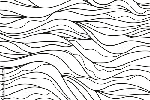 Wavy background. Hand drawn lines. Hair texture. Monochrome wave pattern. Doodle for design. Line art. Illustration for coloring. Design for spiritual relaxation for adults. Black and white wallpaper