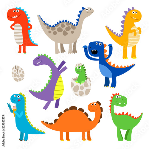 Cute dinosaurs. Baby cartoon smiling dinosaur animals isolated on white background, vector illustration