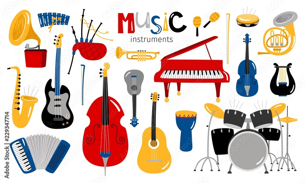 Cartoon musical instruments. Music instrument vector icons, entertainment  instrumentation collection isolated on white background Stock Vector |  Adobe Stock