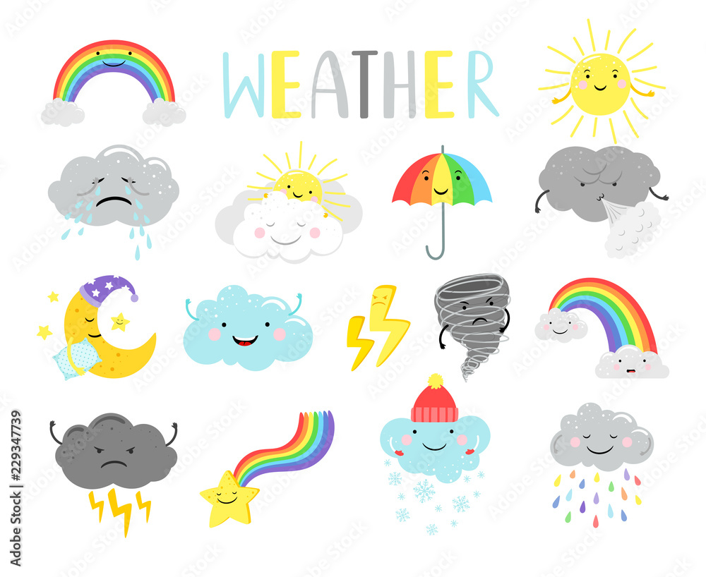 Cute weather. Cartoon weathers illustration items for kids, sunny clouds  and happy sun face, moon and tornado isolated on white, vector illustration  Stock Vector | Adobe Stock