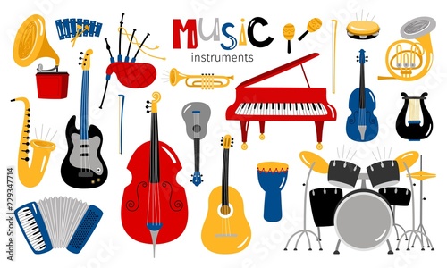 Cartoon musical instruments. Music instrument vector icons, entertainment instrumentation collection isolated on white background photo
