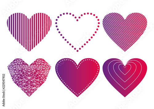 violet and neon red gradient Heart Icons Set  ideal for valentines day and wedding. Vector illustration isolated on white. 