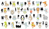 Vector poster with letters of the alphabet with cartoon animals for kids in scandinavian style