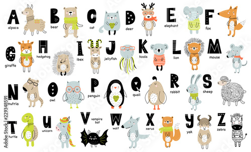 Vector poster with letters of the alphabet with cartoon animals for kids in scandinavian style