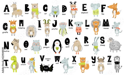Obraz Vector poster with letters of the alphabet with cartoon animals for kids in scandinavian style