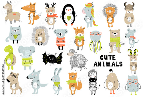 Vector poster with cartoon cute animals for kids in scandinavian style. Hand drawn graphic zoo