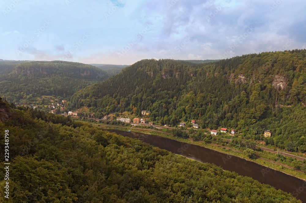 Panoramic view from the Belvedere (Labska stran) over the Elbe valley, Elbe Sandstone Mountains, Bohemian Switzerland National Park, Czech republic, Europe