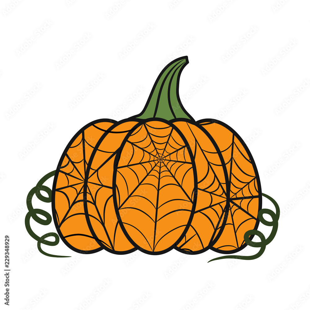 Halloween pumpkin with spider web design for greeting card, stock vector illustration