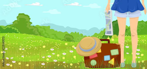 Girl Half Body Wanderlust Travel Map Illustration