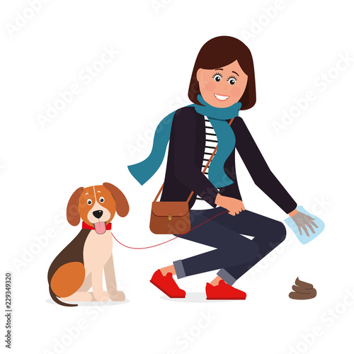 A man is cleaning a poo for his pet. Isolated objects.