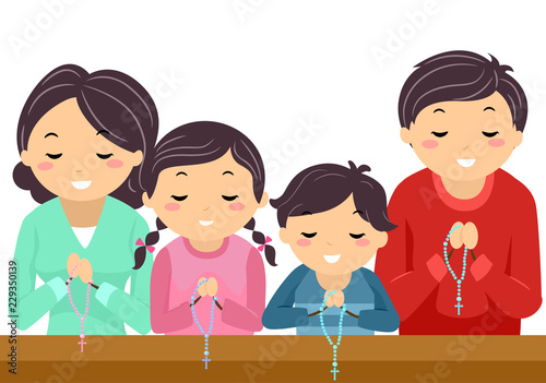 Stickman Family Pray Rosary Church Illustration
