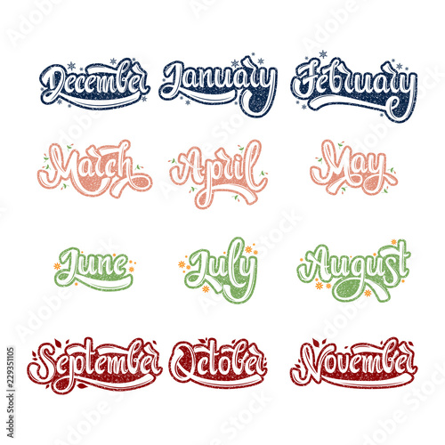 A set of month names. January, February, March, April, May, June, July, August, September, October, November, December. Handwritten Lettering. Text. Modern Calligraphy. Vector.