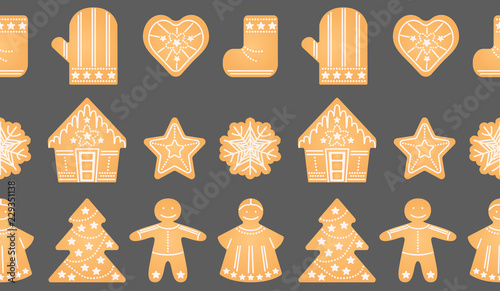 Ginger biscuit seamless pattern. Christmas, new year, winter holidays traditional cookies figures with angel, ginger man, Christmas tree, snowflake. Vector illustration, flat background for printing
