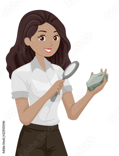 Teen Girl Geologist Observe Rock Illustration
