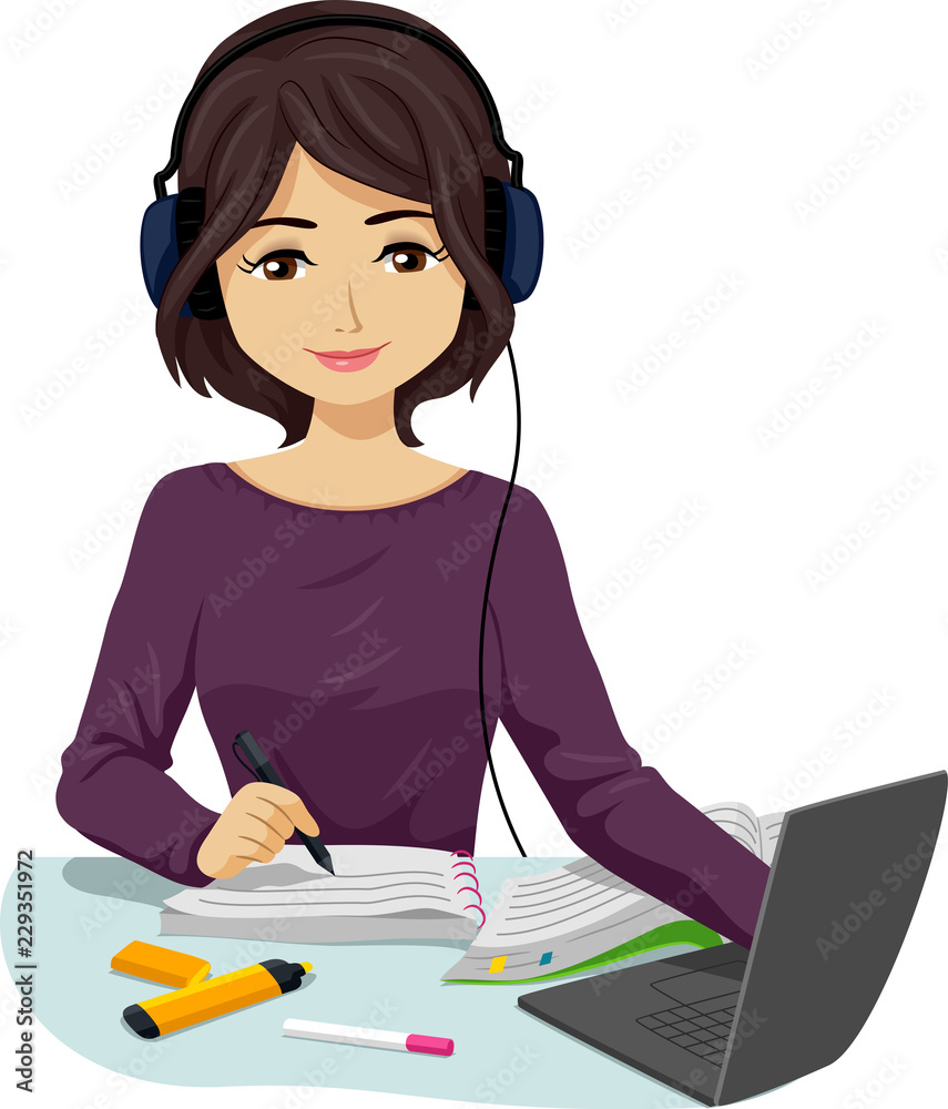 Teen Girl Study Music Illustration