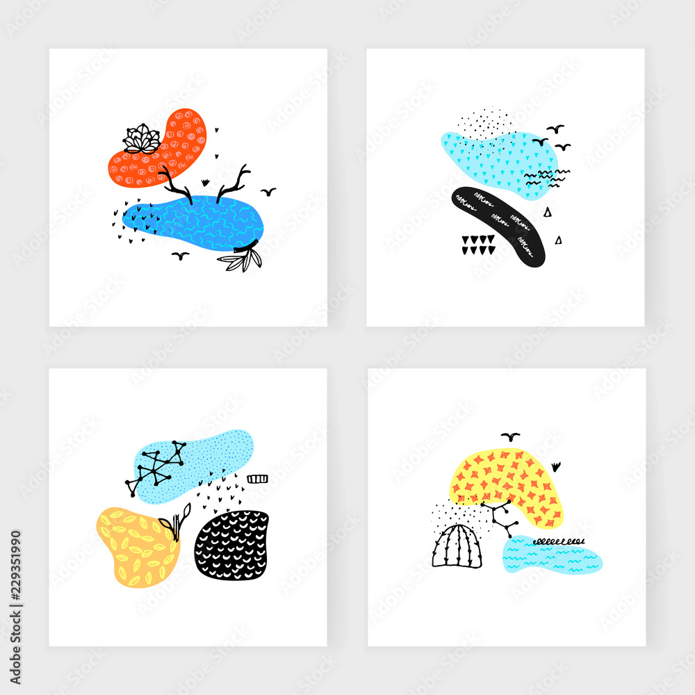 Vector set of cards with hand drawn abstract shapes. Spotted and textured figures. Unique design. Creative backgrounds. Freehand style. Invitation, postcard, cover, banner, tag, thank you messages