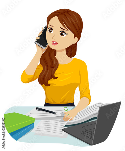 Teen Girl Study Call Help Illustration