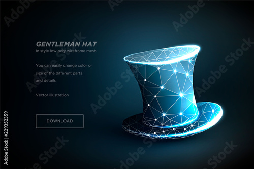 Gentleman's hat. Polygonal wireframe art isolated on blue backgraund. Concept illusionist's black hat or men's show. Polygonal illustration with connected dots and polygon lines. 3D vector wireframe