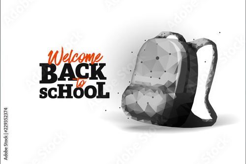 School backpack low poly art illustration.Back to school lettering isolated on blue background. Polygonal space low poly with connected dots and polygon lines. 3D vector color wireframe mesh backpack