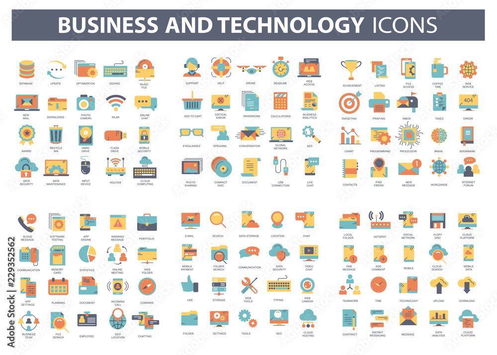 Business and marketing, programming, data management, internet connection, social network, computing, information. Thin line blue icons set. Flat vector illustration