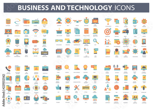 Business and marketing, programming, data management, internet connection, social network, computing, information. Thin line blue icons set. Flat vector illustration