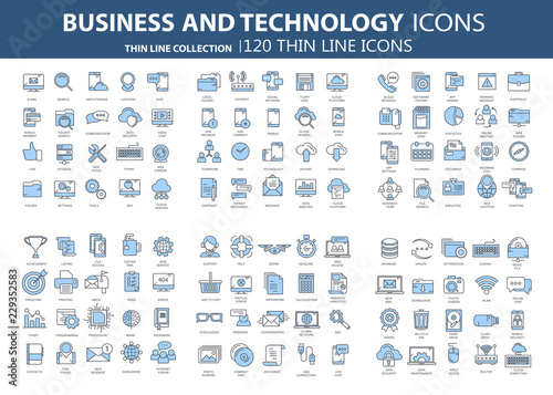 Business and marketing, programming, data management, internet connection, social network, computing, information. Thin line blue icons set. Flat vector illustration photo