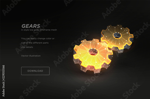 Gears low poly wireframe art on dark background. Mechanical technology machine engineering symbol. Polygonal illustration with connected dots and polygon lines. 3D vector wireframe mesh
