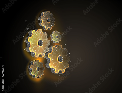 Gear low poly wireframe art on black backgraund. Industry development, engine work, business solution concept. Mechanical technology machine engineering symbol. 3D vector wireframe mesh