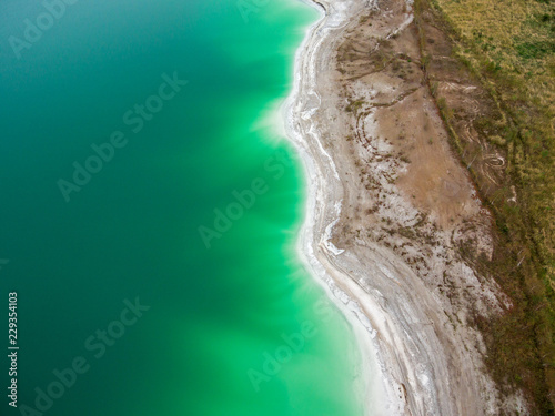 Azure lake top view, abstract fantasy green and brown pattern background photo