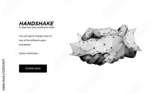 Handshake low poly wireframe art on white background. Hand gesture of help or support or hope.The concept of steel hands. Polygonal illustration with connected dots and polygon lines. 3D vector
