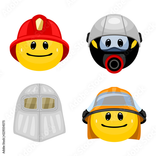 Vector set of emoticons in firefighter clothes. Collection of face icons wearing fireman helmets and masks in cartoon style on white background.