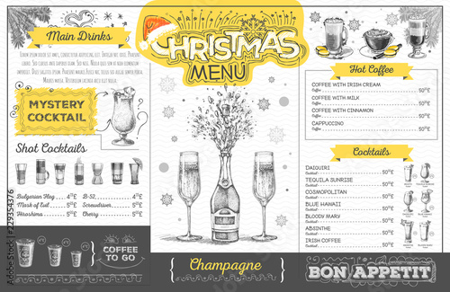 Vintage holiday christmas menu design with champagne. Restaurant menu