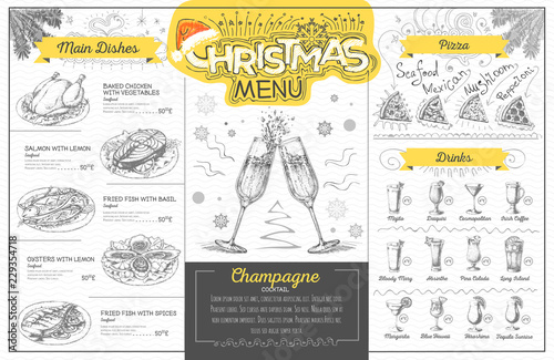 Vintage holiday christmas menu design with champagne. Restaurant menu