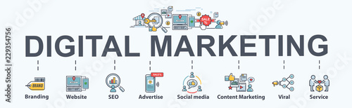 digital marketing banner web icon for business and social media marketing, content marketing, website, viral, seo, keyword, advertise and internet online marketing. Minimal vector infographic.