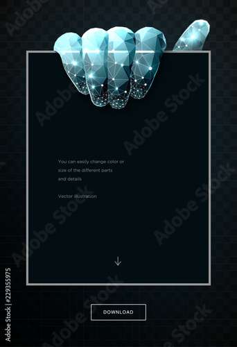 Hand holding a piece of paper. Low poly wireframe art on dark background. Copy paste image or text. Polygonal illustration with connected dots and polygon lines. 3D vector wireframe mesh