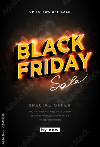 Banner Black friday is hot and smoke. Burning text isolated on black background. Dark web banner for black Friday sale. Modern neon red billboard. Concept of advertising for seasonal offer. 3d vector