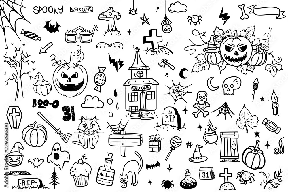 vector hand drawn Doodle cartoon collection set of icon and symbols about the Halloween day. vector hand drawn Doodle cartoon collection set of icon and symbols about the Halloween day.