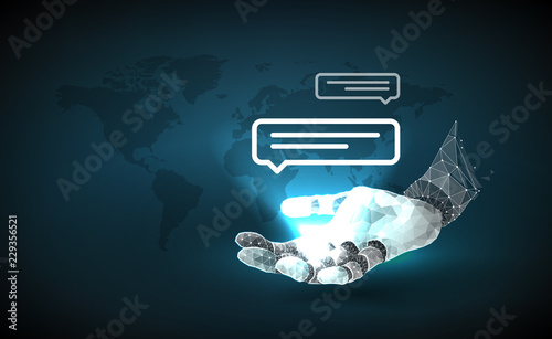 Robot arm. Chat Bot Virtual Assistance Of Website Or Mobile Applications, Artificial Intelligence Concept. Internet of things (IOT), devices and connectivity concepts on a network.Planet Earth. Vector