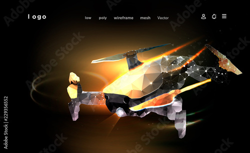 Quadrocopter low poly art illustration. 3D flying drone on dark gradient background. Polygonal space low poly with connected dots and polygon lines. Vector color wireframe mesh copter