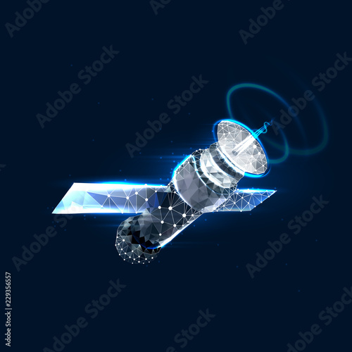 Fototapeta Naklejka Na Ścianę i Meble -  Abstract image of an orbiting space station consisting of polygons and dots in the form of a skeleton. Vector Eps 10