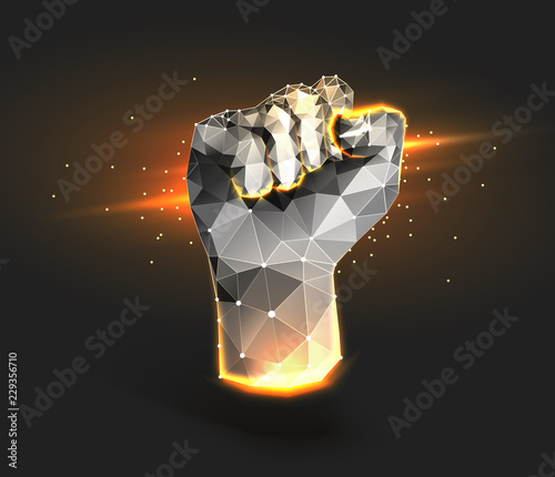 An abstract illustration of a fist consisting of dots, lines and figures. Polygonal mesh. The concept of a success, advancement,achievement, progress, Goal. Vector illustration for banner