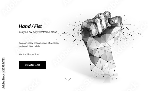 Fist. Vector isolated fist. Low poly frame and dots. The concept of a polygonal 3D-white agreement on a light background. Business concept with geometric triangle. Vector Abstract power