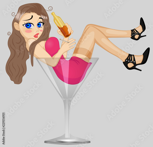 Sensual elegant glamour young drunk woman. Attractive drunk woman is lying in a giant glass. Sad Girl Suffering Of Hangover. Funny Social Issue Alcoholism Concept. A lady with bad habits.