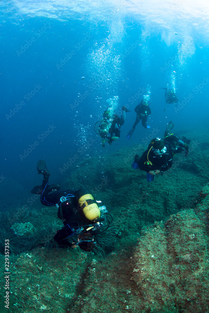 Scuba divers underwater in the deep blue sea. Scuba divers underwater in the deep blue sea.