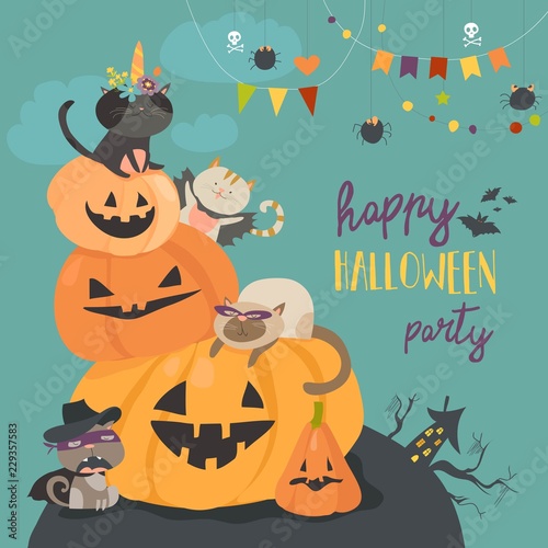 Happy halloween with pumpkin and cute cats in carnival costumes