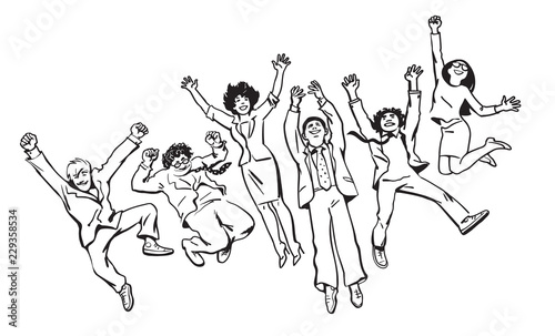 Group of friends have fun, jump, dance and fool around. Hand drawn vector illustration in sketch style.