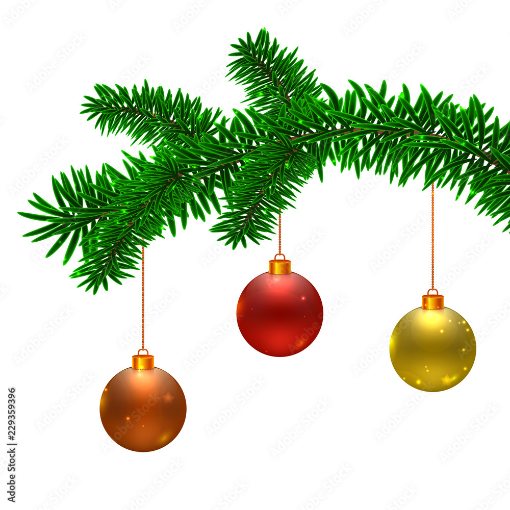 Vector illustration. Beautiful realistic Christmas toys isolated on white background. Branch of fir tree and three colorful Christmas balls in red, yellow and orange colors.