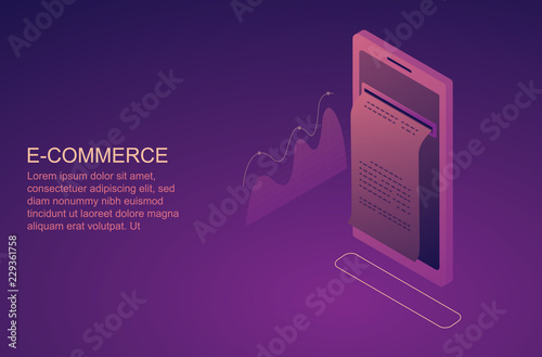 Isometric Smart phone online shopping concept. Online store, shopping cart icon. Ecommerce