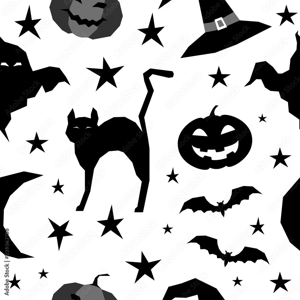 Abstract monochrome happy halloween seamless background. Modern pattern for halloween card, party invitation, menu, wallpaper, holiday shop sale, bag print, t shirt, workshop advertising etc.