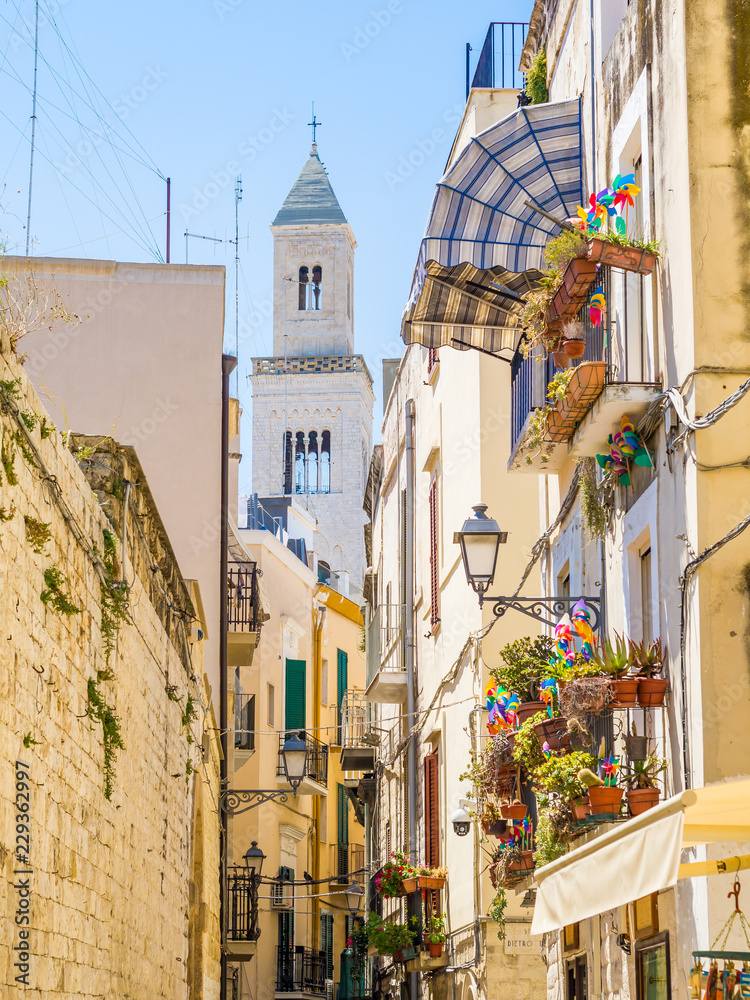 View of a narrow street in the Italian city Bari. Bari is the capital city of the Metropolitan City of Bari and of the Apulia region, on the Adriatic Sea, in southern Italy